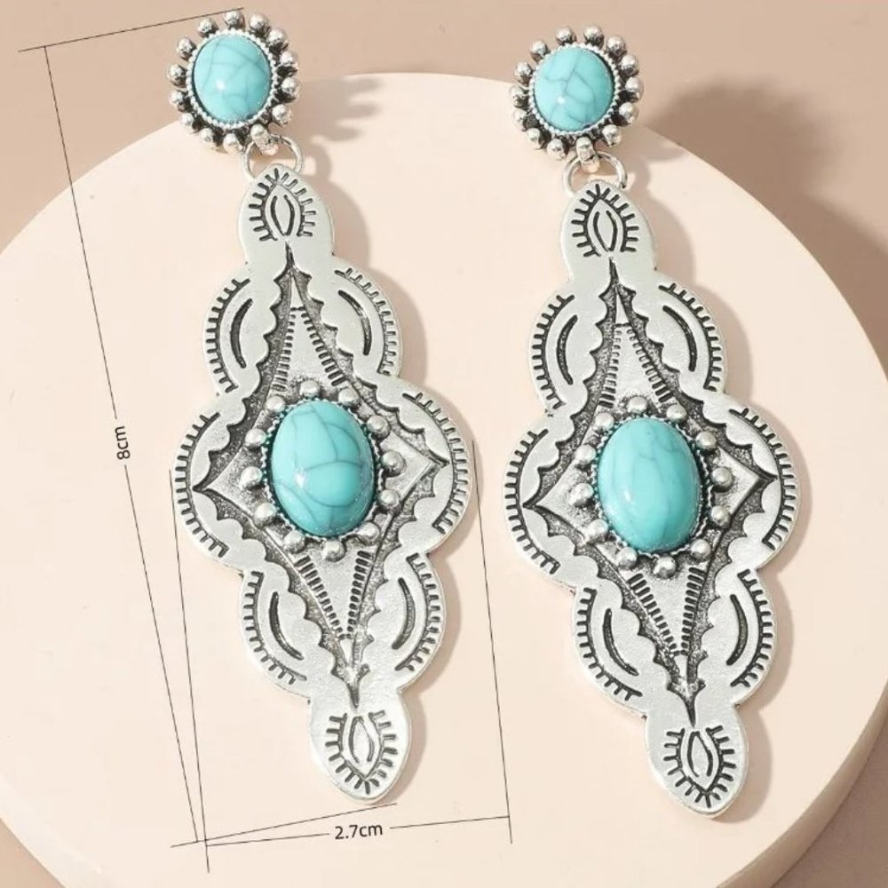 Western Southwestern Boho Cowboy Aged Silver & Turquoise Dangle Earrings NEW - Picture 4 of 5
